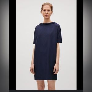COS A-Line Cotton Dress Pockets Half Sleeve Wide Fold Neck Size 8 Navy Blue